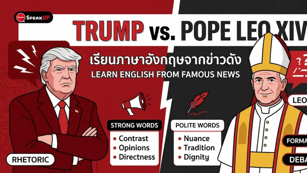 เรียนคำศัพท์ภาษาอังกฤษจากข่าว Trump วิจารณ์ Pope Leo XIV พร้อมคำศัพท์การทูต แกรมมาร์ Reported Speech และ Passive Voice ระดับ B1-B2