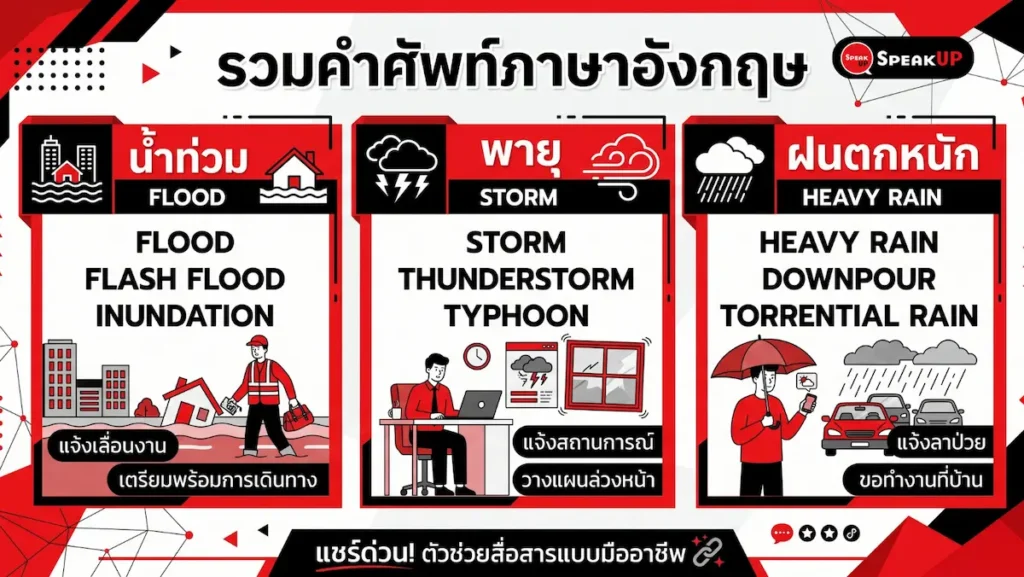 อัปเดตคลังคำศัพท์ภาษาอังกฤษเกี่ยวกับสถานการณ์น้ำท่วม พายุ และฝนตกหนัก พร้อมประโยคตัวอย่างสำหรับเขียนอีเมลแจ้งลา หรือสื่อสารกับทีมต่างชาติอย่างมืออาชีพ